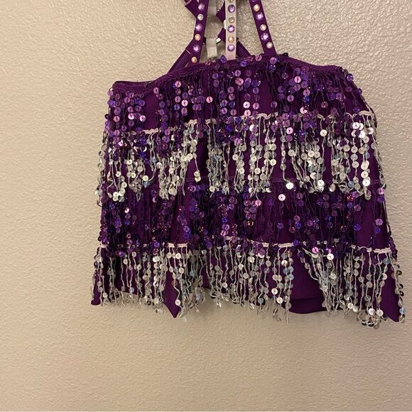 Glamour dance costume purple sequin gems rhinestone fringe embellished child M/L - Picture 5 of 14